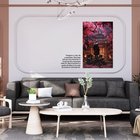 Tablou Canvas:  Samurai Batran cu Parul Carunt intr-un Oras Japonez Incercuit de Multe Flori Roz  Pictura Digitala 40x25CM [1]