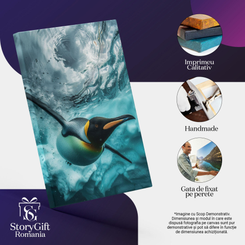 Tablou Canvas: Săritura Pinguinului în Apa Rece Curată ca Lacrima Stânci Subacvatice cu Zăpadă Pictura Digitala 40x25CM [2]