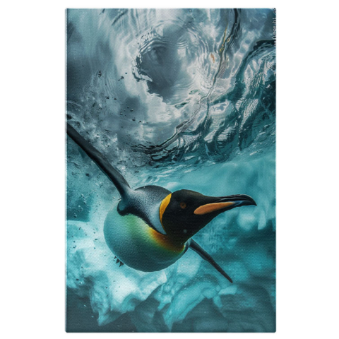 Păsări - Tablou Canvas: Săritura Pinguinului în Apa Rece Curată ca Lacrima Stânci Subacvatice cu Zăpadă Pictura Digitala 40x25CM