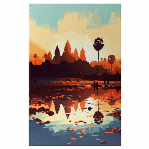 Apus și Răsări - Sat la Apus - Peisaj Rural cu Natură, Copaci și Apă, Marime 40x25CM