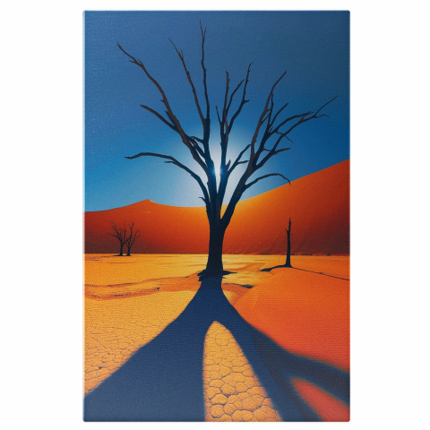 „Tablou Canvas Seceta Deșertului cu Pomi Golași și Umbre sub Soarele Strălucitor”, Marime 40x25CM