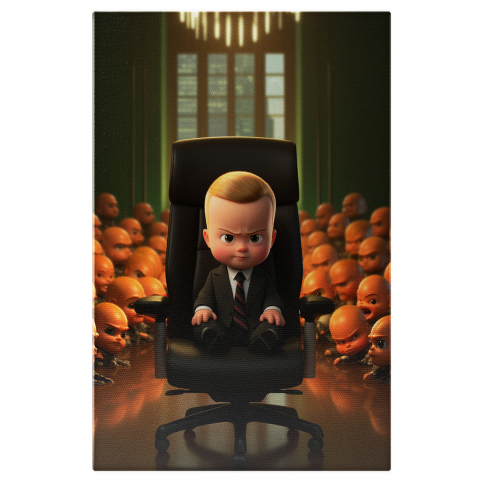 Personaje Desene Animate - Șeful Bebelusilor cu Păr Blond pe un Scaun de Birou Negru, Împresurat de Bebelusi Furioși - Pictură Digitală, Marime 40x25CM