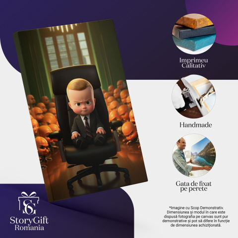 Șeful Bebelusilor cu Păr Blond pe un Scaun de Birou Negru, Împresurat de Bebelusi Furioși - Pictură Digitală, Marime 40x25CM [1]