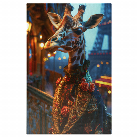 Animale - Tablou Canvas - Silueta Modei: Girafa cu Inimă Omenescă în Orașul Iubirii, Marime 40x25CM