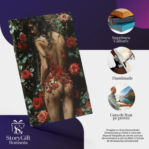 Tablou Canvas - Silueta Nuda a Fetei Imbracata in Siraguri de Flori Rosii, Marime 60x40CM [1]