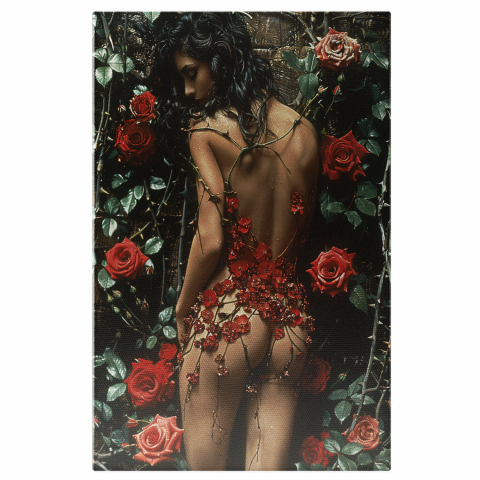 Flori - Tablou Canvas - Silueta Nuda a Fetei Imbracata in Siraguri de Flori Rosii, Marime 40x25CM