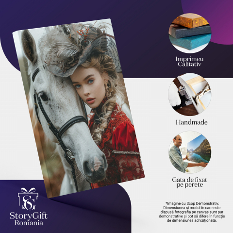 Tablou Canvas Simpatica Tânără cu Ochii Albaștri și Părul Blond Împletit lângă un Cal Alb | Pictură Digitală, Marime 40x25CM [1]