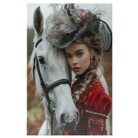 Animale - Tablou Canvas Simpatica Tânără cu Ochii Albaștri și Părul Blond Împletit lângă un Cal Alb | Pictură Digitală, Marime 40x25CM