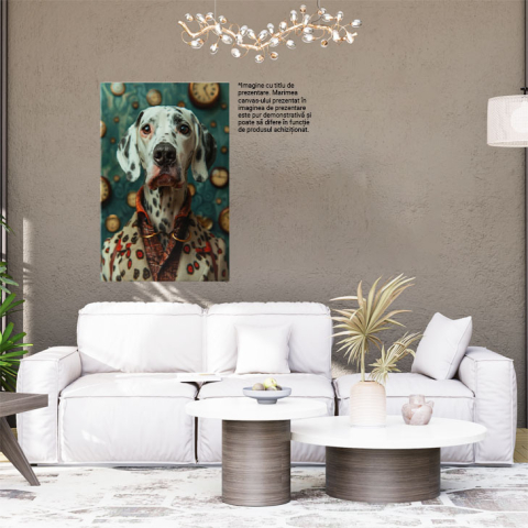 Tablou Canvas  Simpaticul Caine cu Blana Alba si Pete Negre cu Ochii Intristati Imbracat in Camasa si Palton , Pictura Digitala 40x25CM [1]