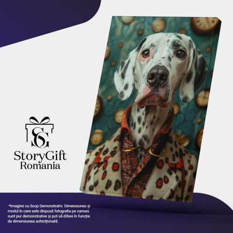 Tablou Canvas  Simpaticul Caine cu Blana Alba si Pete Negre cu Ochii Intristati Imbracat in Camasa si Palton , Pictura Digitala 40x25CM [4]