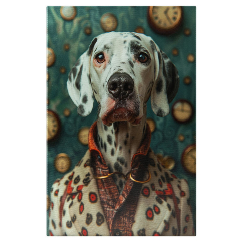 Câini - Tablou Canvas  Simpaticul Caine cu Blana Alba si Pete Negre cu Ochii Intristati Imbracat in Camasa si Palton , Pictura Digitala 40x25CM