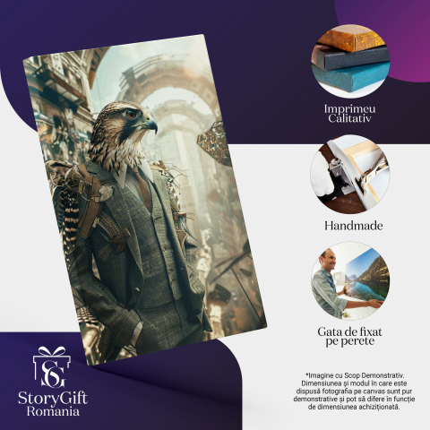 Tablou Canvas - Șoim Elegant în Costum cu Cravată sub Balcoane Urbane, Marime 40x25CM [1]