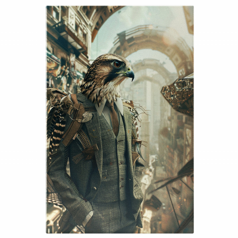 Animale - Tablou Canvas - Șoim Elegant în Costum cu Cravată sub Balcoane Urbane, Marime 40x25CM