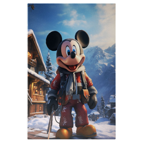 Personaje Desene Animate - Tablou Canvas:  Soricelul Mickey Mouse care Schiaza in Costum de Ski Rosu cu Fular in Fata Cabanei Pictura Digitala 40x25CM