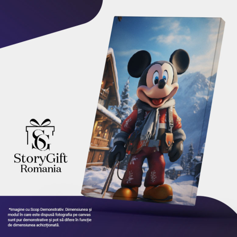Tablou Canvas:  Soricelul Mickey Mouse care Schiaza in Costum de Ski Rosu cu Fular in Fata Cabanei Pictura Digitala 40x25CM [4]