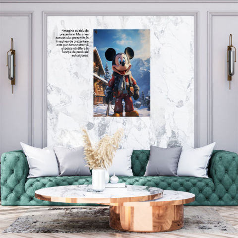 Tablou Canvas:  Soricelul Mickey Mouse care Schiaza in Costum de Ski Rosu cu Fular in Fata Cabanei Pictura Digitala 40x25CM [1]