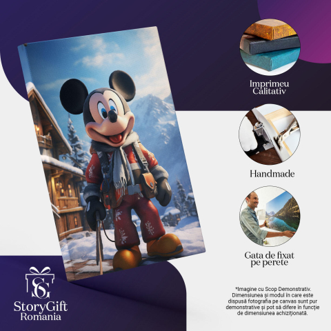 Tablou Canvas:  Soricelul Mickey Mouse care Schiaza in Costum de Ski Rosu cu Fular in Fata Cabanei Pictura Digitala 40x25CM [2]