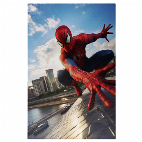 Personaje Desene Animate - Tablou Canvas cu Spiderman pe Clădiri și Zgârie-Nori, Marime 40x25CM