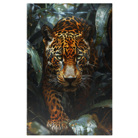 Animale - Tablou Canvas Splendoarea Sălbatică Leopardul și Frunzele Udate de Roua din Junglă , Pictura Digitala 40x25CM
