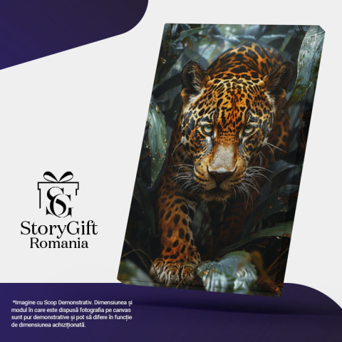 Tablou Canvas Splendoarea Sălbatică Leopardul și Frunzele Udate de Roua din Junglă , Pictura Digitala 40x25CM [4]