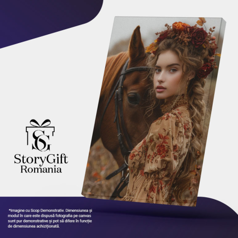 Tablou Canvas  Stapana Calului, Cal Maro cu Ochii Intristati langa Fata cu Parul Lung si Coronita de Flori in Rochie , Pictura Digitala 40x25CM [4]
