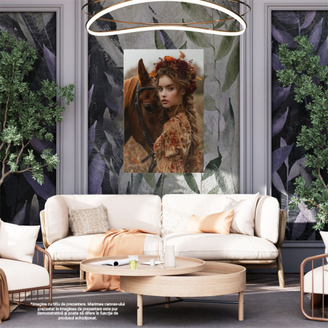 Tablou Canvas  Stapana Calului, Cal Maro cu Ochii Intristati langa Fata cu Parul Lung si Coronita de Flori in Rochie , Pictura Digitala 40x25CM [1]