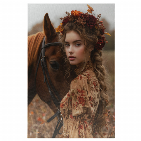 Animale - Tablou Canvas Stăpâna Calului cu Calul Maro – Pictură Digitală Emoționantă, Marime 40x25CM