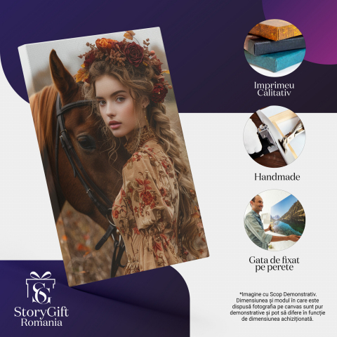 Tablou Canvas Stăpâna Calului cu Calul Maro – Pictură Digitală Emoționantă, Marime 40x25CM [1]