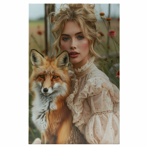 Stăpână cu Părul Blond în Coc lângă Vulpea cu Chip Furios, Marime 40x25CM