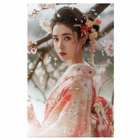 Kimono Floral în Livada de Cireși - Stil Asiatic Portret Digital, Marime 40x25CM