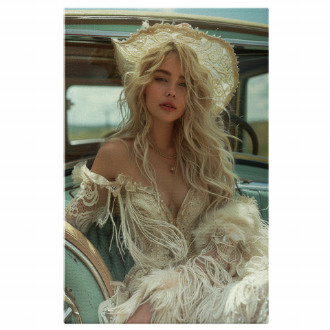 Portret - Eleganța Apusă a Vintage-ului - Femeie, Haine și Mașină, Marime 40x25CM