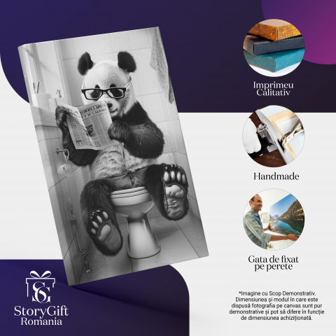 Tablou Canvas Știrile din Ziar Ursul Panda Citește Presa Cu Ochelari de Vedere în Baie , Pictura Digitala 70x50CM [1]