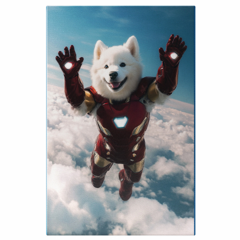 SuperErou -  Tablou Canvas Personalizat Iron Man În Aer Cu Costum Metalic RoșuMarime 40x25CM