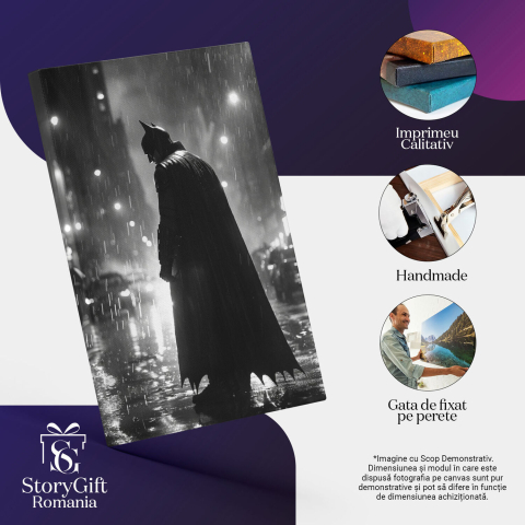 Tablou Canvas:  Supereroul Batman sta cu Spatele cu Pelerina Neagra Lunga si o Ploaie Torentiala Pictura Digitala 40x25CM [2]