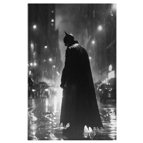 Personaje Desene Animate - Tablou Canvas:  Supereroul Batman sta cu Spatele cu Pelerina Neagra Lunga si o Ploaie Torentiala Pictura Digitala 40x25CM