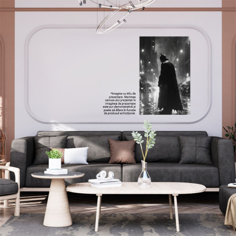 Tablou Canvas:  Supereroul Batman sta cu Spatele cu Pelerina Neagra Lunga si o Ploaie Torentiala Pictura Digitala 40x25CM [1]