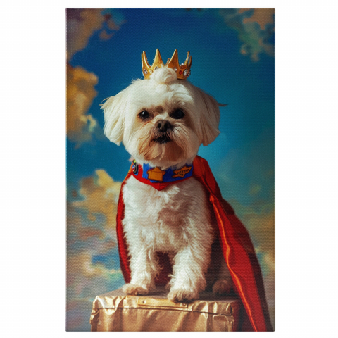 Câini - Tablou Canvas Căţelușul Maltis Supererou pe Podium în Ziua Senină | Artă Digitală, Marime 40x25CM