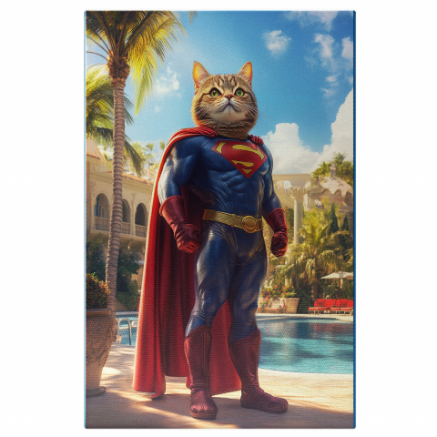 SuperErou -  Tablou Canvas Personalizat Superman În Vila Cu Piscină Gata De LuptăMarime 40x25CM