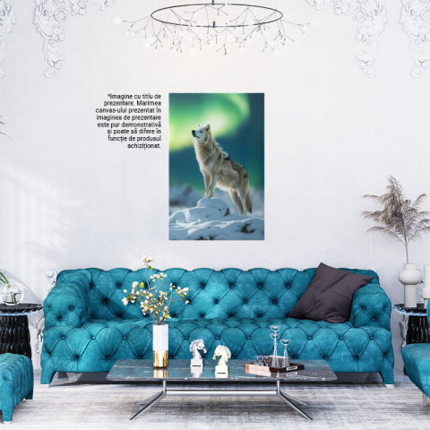 Tablou Canvas: Tablo9u  Lupul Singuratic care Urla la Luna Plina Acoperita de Cerul Verde-Albastrui Pictura Digitala 40x25CM [1]