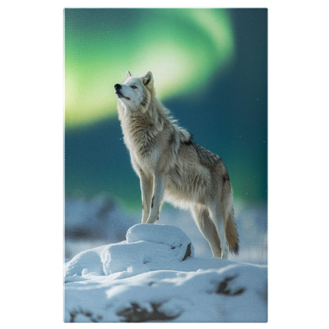 Câini - Tablou Canvas: Tablo9u  Lupul Singuratic care Urla la Luna Plina Acoperita de Cerul Verde-Albastrui Pictura Digitala 40x25CM