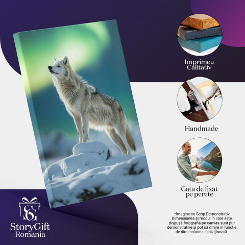 Tablou Canvas: Tablo9u  Lupul Singuratic care Urla la Luna Plina Acoperita de Cerul Verde-Albastrui Pictura Digitala 40x25CM [2]