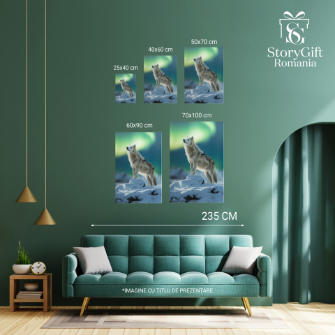 Lupul Singuratic - Urând la Lună Plină cu Cer Verde-Albastru, Marime 40x25CM [2]