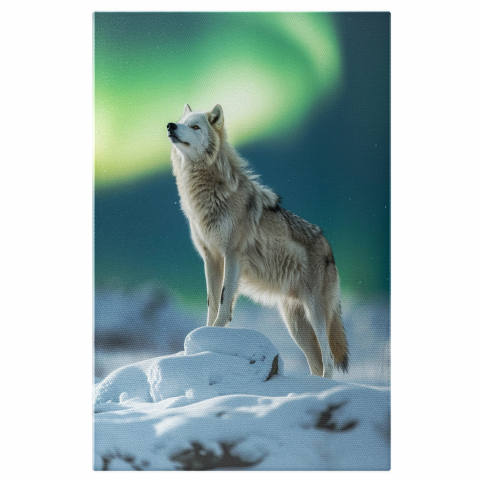 Lupul Singuratic - Urând la Lună Plină cu Cer Verde-Albastru, Marime 40x25CM