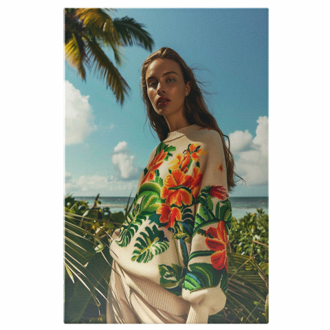 Tânără cu Flori pe Pulover - Tablou Canvas de Vacanță pe Plaja Curată, Marime 40x25CM