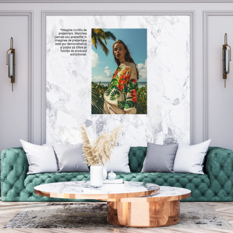 Tânără cu Flori pe Pulover - Tablou Canvas de Vacanță pe Plaja Curată, Marime 40x25CM [2]