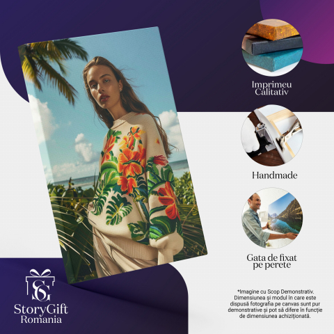 Tânără cu Flori pe Pulover - Tablou Canvas de Vacanță pe Plaja Curată, Marime 40x25CM [1]