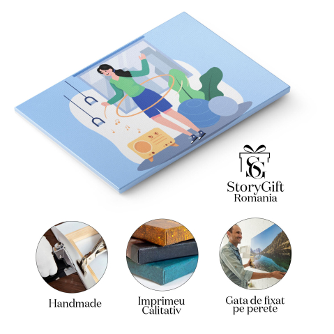 Tablou Canvas Tanara cu Parul Lung Brunet cu un Cerc Hula care se Invarte in Jurul Taliei Exersand 40x25CM [1]