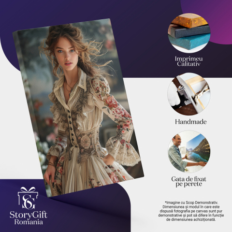 Tânără cu Părul Șaten și Ochi Albastri în Rochie Medievală – Pictură Digitală Elegantă, Marime 40x25CM [1]