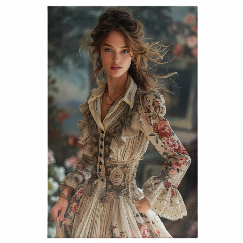 Tânără cu Părul Șaten și Ochi Albastri în Rochie Medievală – Pictură Digitală Elegantă, Marime 40x25CM