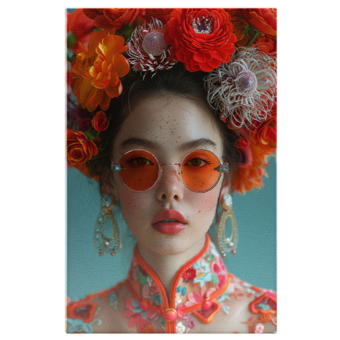 Portret - Tablou Canvas:  Tanara cu Rochie Chinezeasca si Pistrui Rosie in Obraji cu Par Saten Pictura Digitala 40x25CM